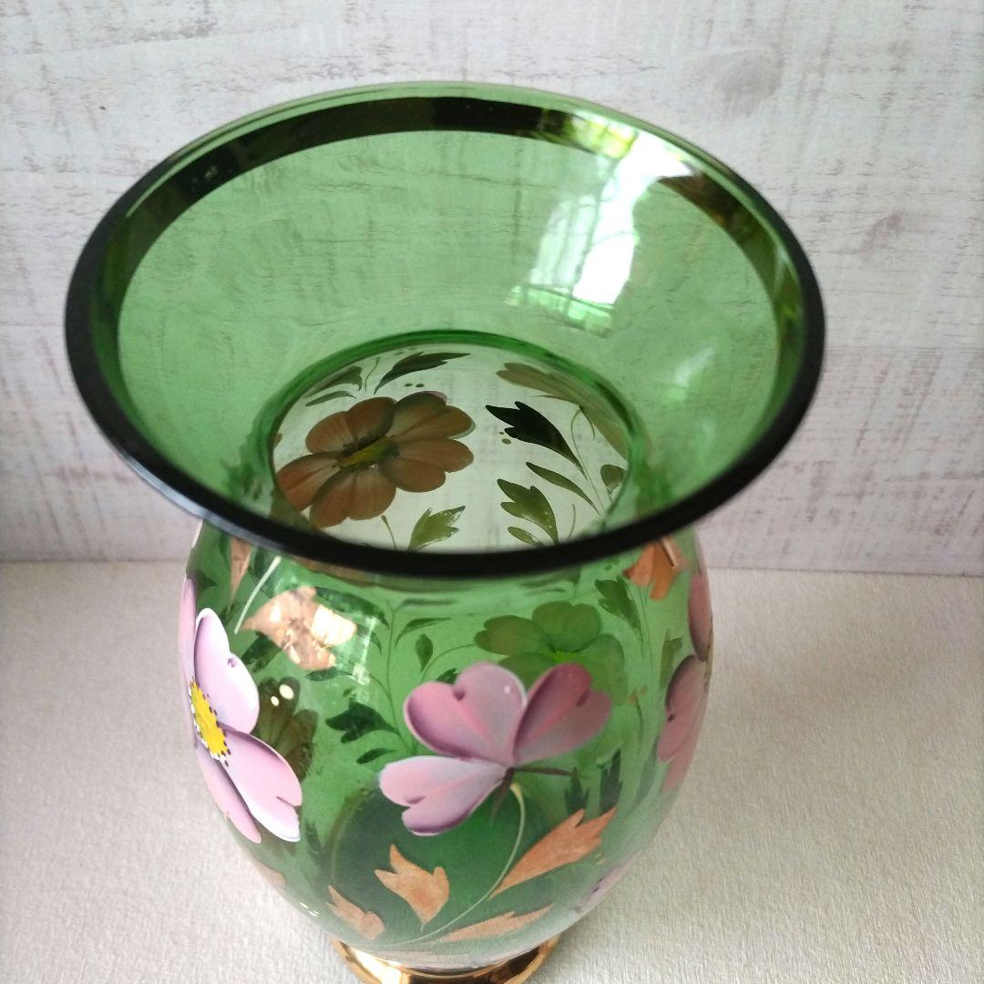 ボヘミアグラス ボヘミアングラス 花瓶 グリーン 花 チェコスロバキア
